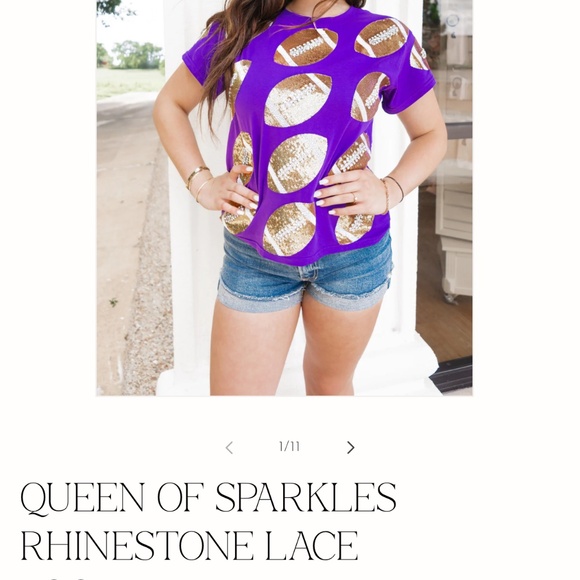 New! QUEEN OF SPARKLES Purple and Gold Sequin and Rhinestone Football Tee - Picture 4 of 4